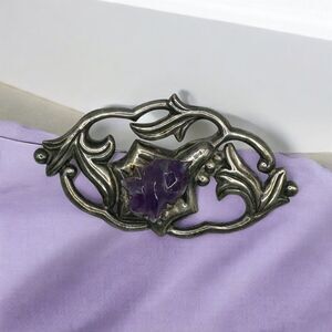 Art Deco Vintage Sterling Silver Brooch Carved Rose Amethyst Large Statement